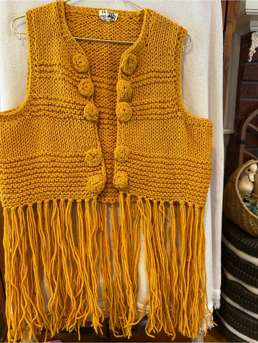 Handmade Mustard Yellow Knit Boho Fringe Vest with Crochet Buttons